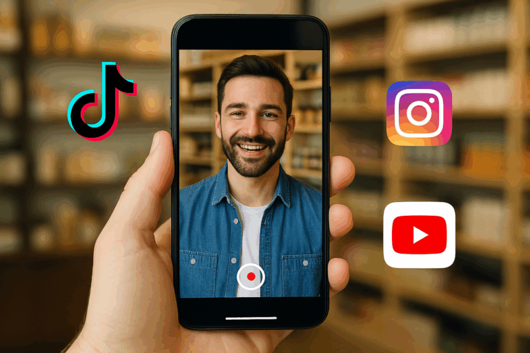 A man smiling while being recorded on a smartphone in a retail store, with TikTok, Instagram, and YouTube logos floating around the screen.