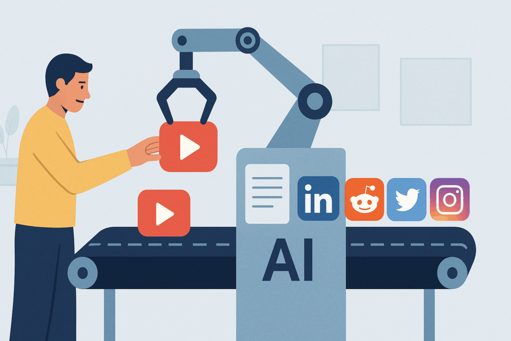 Illustration of a man placing a video icon on a conveyor belt labeled "AI," where a robotic arm transforms it into icons for LinkedIn, Reddit, Twitter, Instagram, and a document, symbolizing content repurposing.