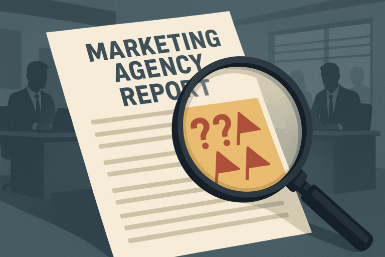 A magnifying glass hovers over a document labeled "Marketing Agency Report," revealing red question marks and warning flags beneath the surface. Shadowy office figures in suits sit at desks in the background.