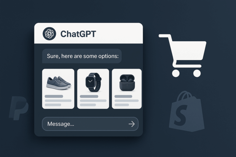 ChatGPT interface displaying product recommendations including shoes, a smartwatch, and earbuds, with a shopping cart icon and PayPal and Shopify logos in the background.