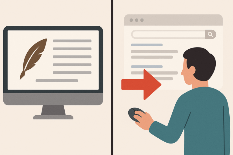 A split-screen illustration showing a computer screen with a document and quill icon on the left, and a person clicking a red back arrow from a search results page on the right, symbolizing user behavior and pogo-sticking.