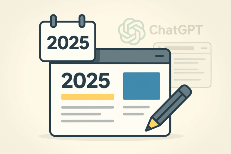 Illustration of a web page labeled “2025” with a calendar icon and pencil, symbolizing updated online content. The ChatGPT logo appears in the background.