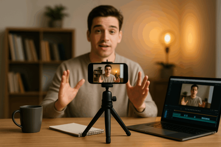 A man records a video using a smartphone on a tripod in a cozy home office, with a coffee mug, notepad, and open laptop on the desk.