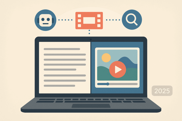 Illustration of a laptop with a blog post on one side and a video player on the other, with icons above representing AI, video, and search, all connected by dotted lines, and a "2025" label in the corner.