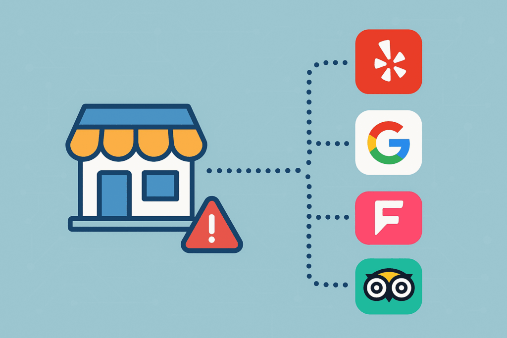Illustration of a storefront connected to Yelp, Google, Foursquare, and TripAdvisor icons by dotted lines, with a warning symbol next to the TripAdvisor icon indicating inconsistent business information.