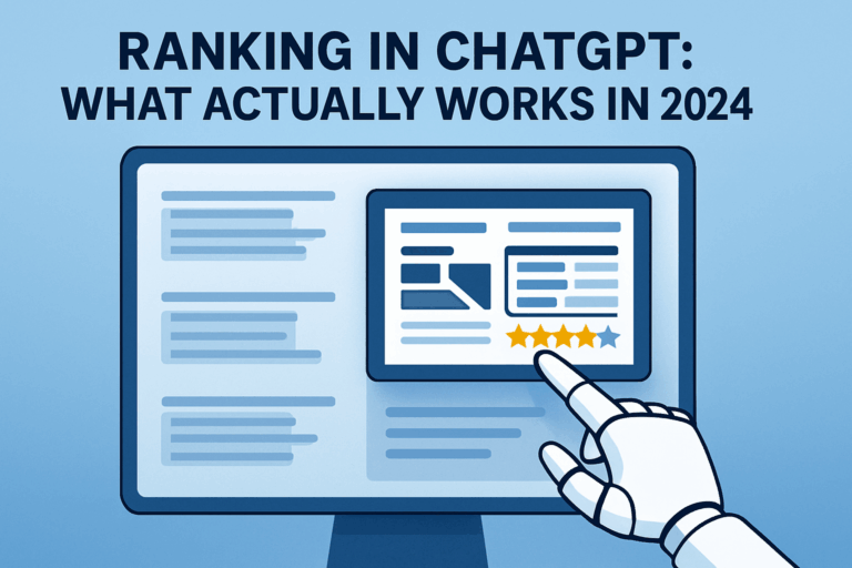Illustration of a robotic hand pointing at a highlighted webpage on a computer screen, featuring a comparison table and star ratings, with the text "Ranking in ChatGPT: What Actually Works in 2024" at the top.