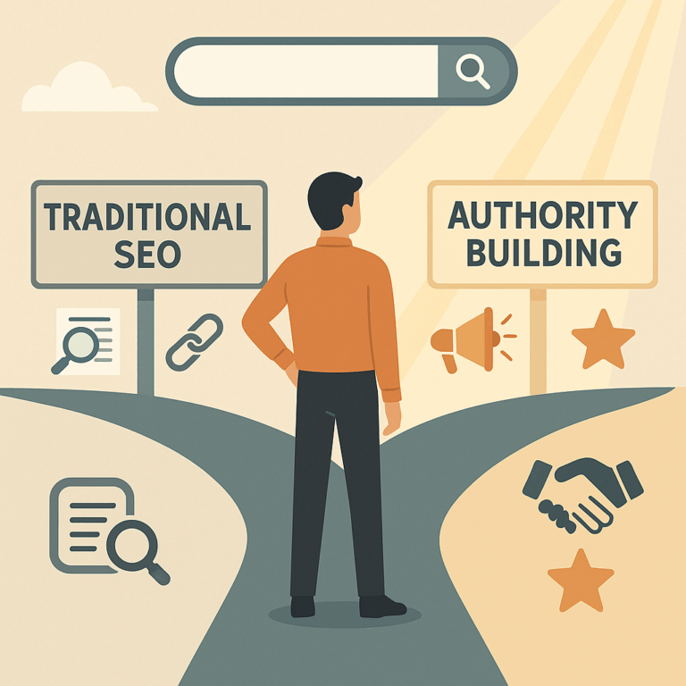 Illustration of a person standing at a crossroads with two labeled paths: “Traditional SEO” featuring icons like a magnifying glass and link, and “Authority Building” with icons of a megaphone, handshake, and stars, under a search bar with light shining on the authority path.