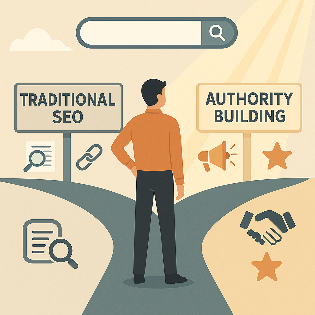 Illustration of a person standing at a crossroads with two labeled paths: “Traditional SEO” featuring icons like a magnifying glass and link, and “Authority Building” with icons of a megaphone, handshake, and stars, under a search bar with light shining on the authority path.