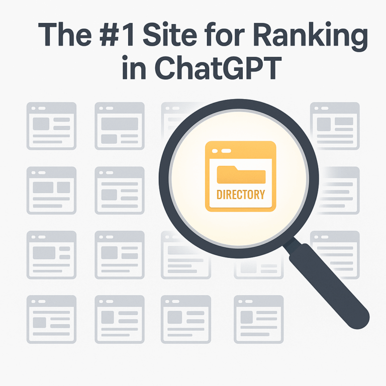 Illustration of a magnifying glass highlighting a yellow-orange directory website icon among a grid of gray website icons, with the title "The #1 Site for Ranking in ChatGPT" displayed above.