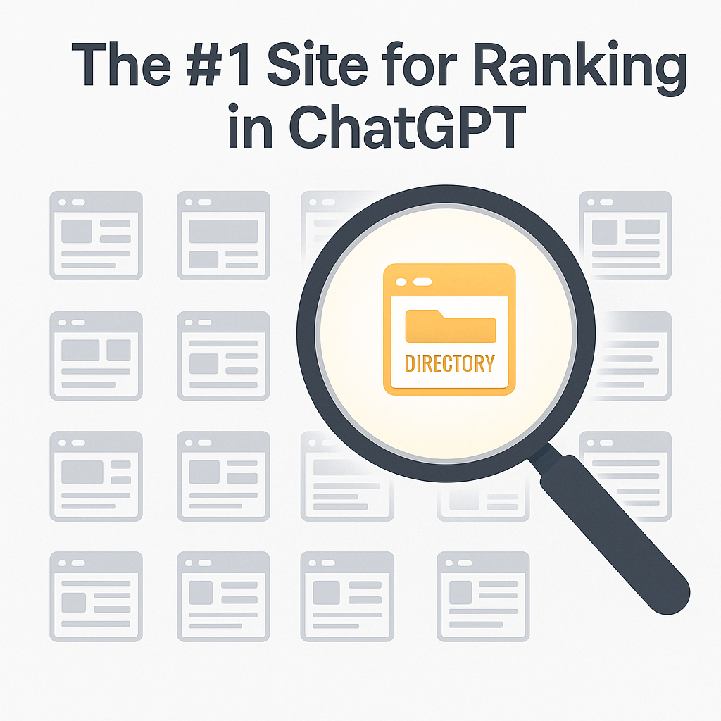 Illustration of a magnifying glass highlighting a yellow-orange directory website icon among a grid of gray website icons, with the title "The #1 Site for Ranking in ChatGPT" displayed above.