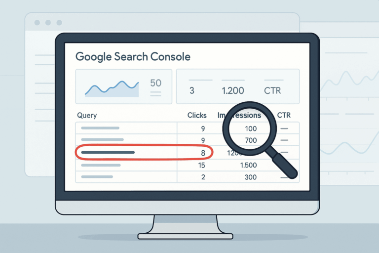 Illustration of a computer screen displaying Google Search Console with a data table showing search queries, clicks, impressions, and CTR. One row is highlighted in red with a magnifying glass over a high-impression, low-click query.