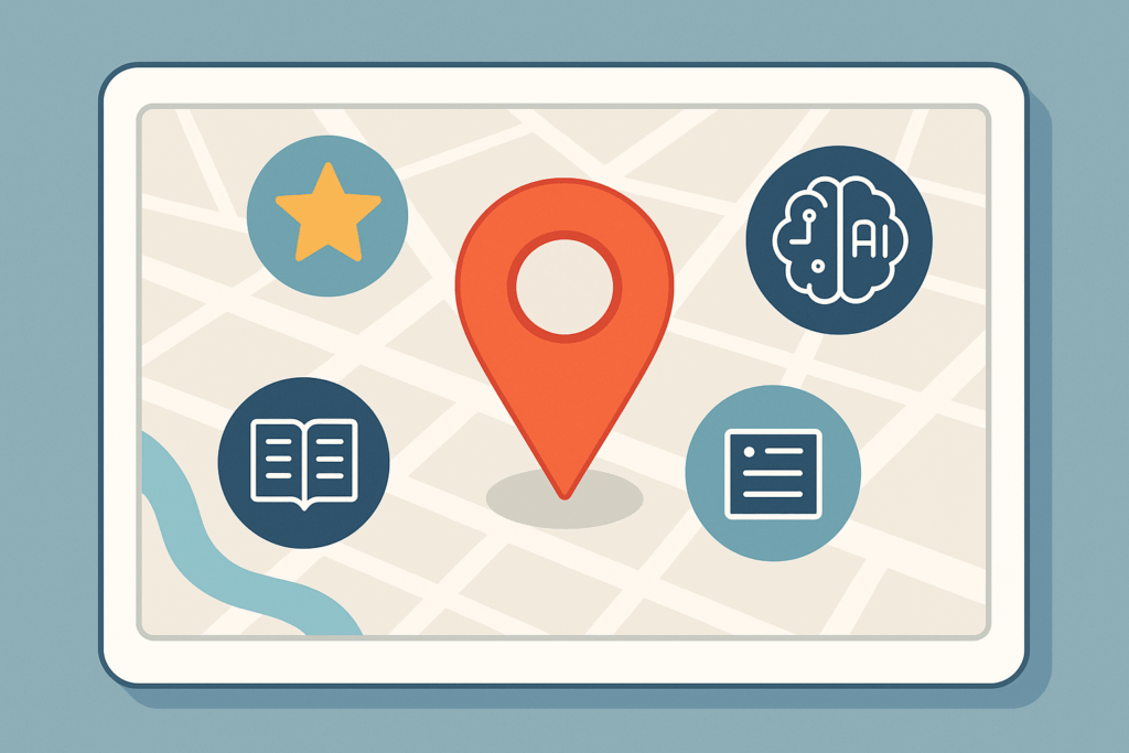 A digital illustration of a map with a red location pin in the center, surrounded by floating icons of a star, an AI brain, an open book, and a document, all representing local SEO elements.