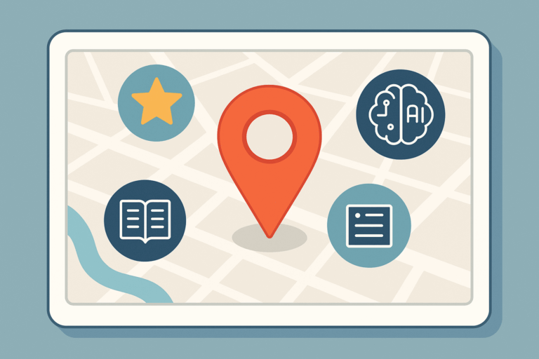 A digital illustration of a map with a red location pin in the center, surrounded by floating icons of a star, an AI brain, an open book, and a document, all representing local SEO elements.
