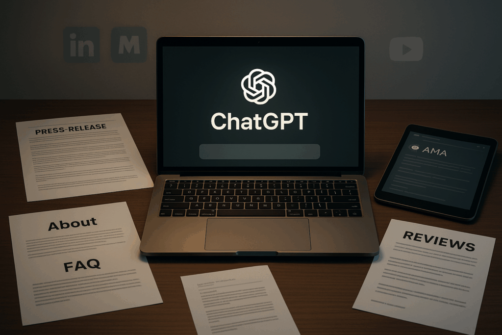 Modern desk with a laptop displaying the ChatGPT interface, surrounded by printed documents labeled About, FAQ, Reviews, and Press Release, with a tablet showing an AMA post and faint social media icons in the background.