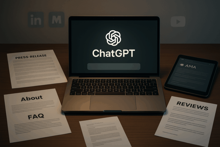 Modern desk with a laptop displaying the ChatGPT interface, surrounded by printed documents labeled About, FAQ, Reviews, and Press Release, with a tablet showing an AMA post and faint social media icons in the background.