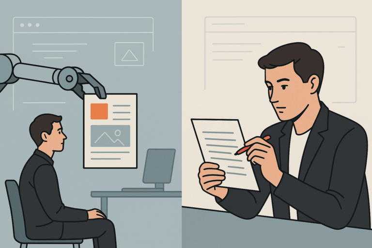 Split-screen illustration showing a robot arm handing a document to a seated professional on the left, and the same professional reviewing a paper with a red pen on the right, in a modern office setting.