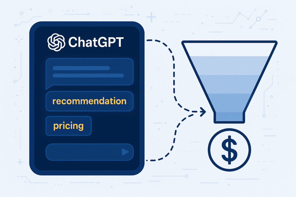 Digital illustration showing a ChatGPT chat interface with highlighted words "recommendation" and "pricing," connected by a dashed arrow to a conversion funnel ending in a dollar sign, symbolizing high-converting AI traffic.