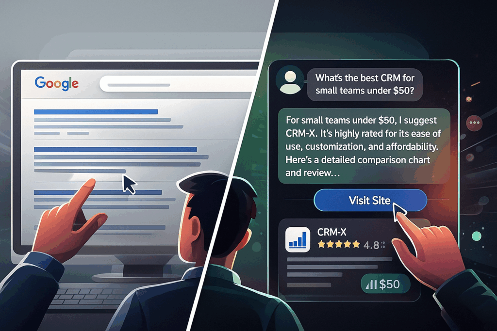 Split-screen digital illustration showing a user browsing traditional Google search results on the left and interacting with a ChatGPT interface recommending a product with a 'Visit Site' button on the right.