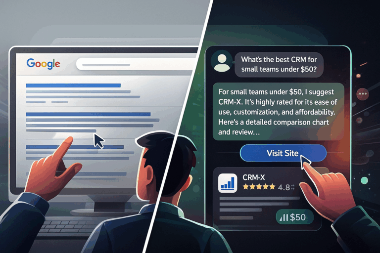 Split-screen digital illustration showing a user browsing traditional Google search results on the left and interacting with a ChatGPT interface recommending a product with a 'Visit Site' button on the right.