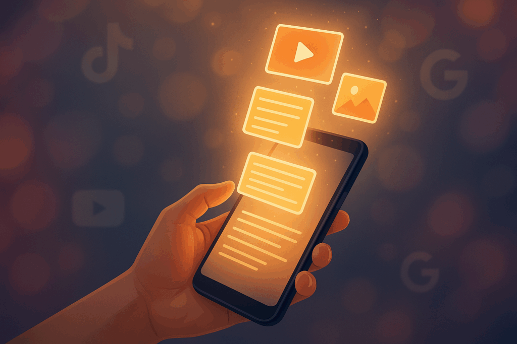 A hand holding a smartphone with glowing content cards—text, video, and image icons—floating above the screen, set against a blurred background featuring faint logos of TikTok, YouTube, and Google.