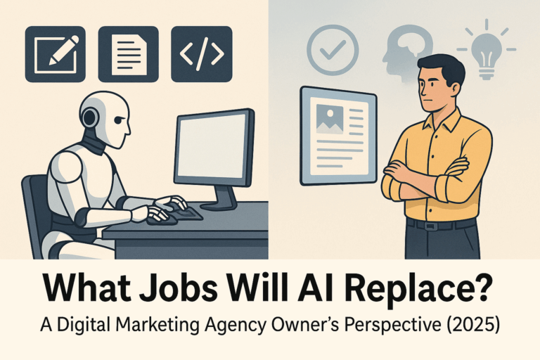 Split-screen illustration of a humanoid robot doing digital tasks on a computer and a human reviewing AI-generated content, representing AI's impact on entry-level jobs.