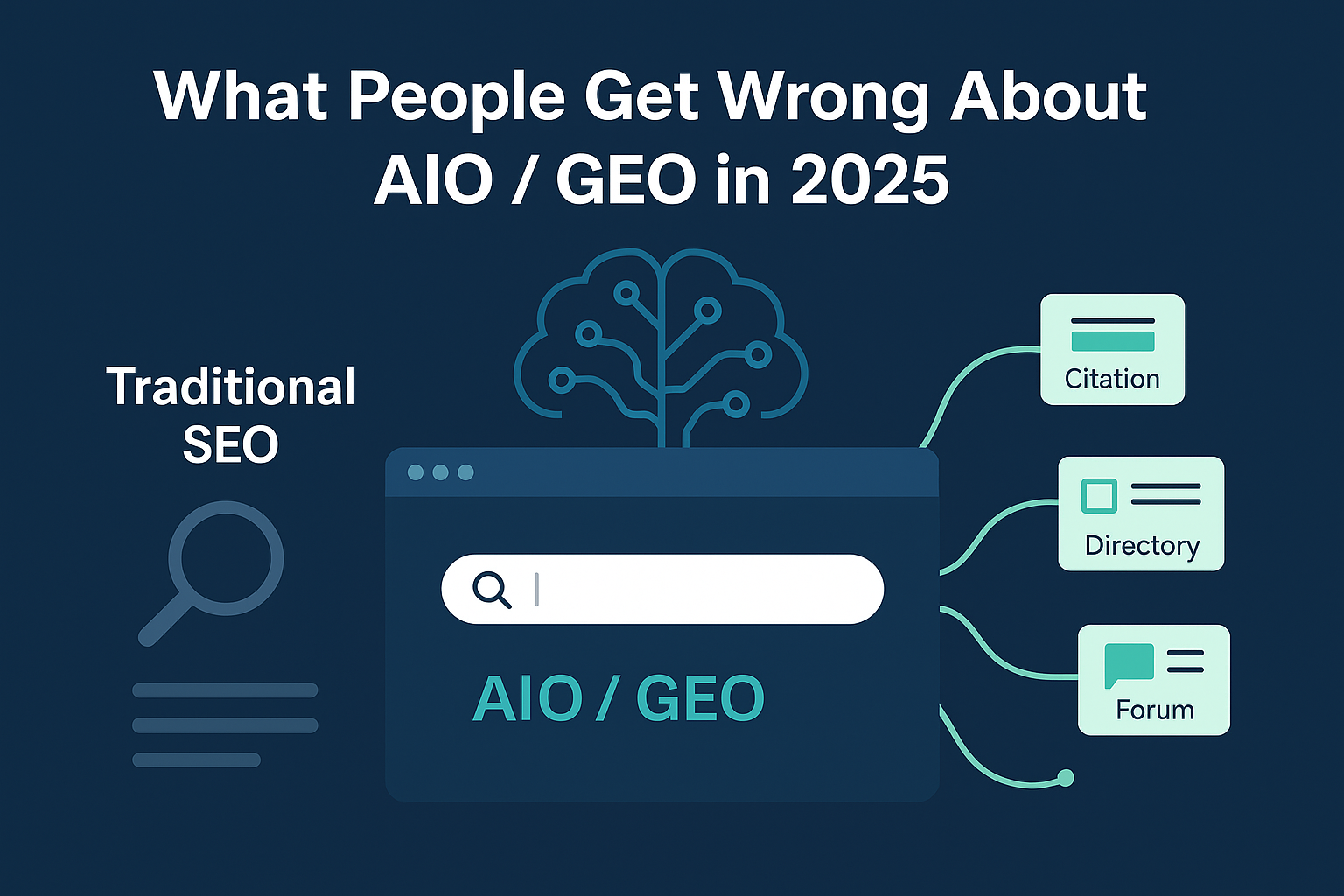 Infographic showing the contrast between traditional SEO and AIO/GEO in 2025, with a search bar, AI brain icon, and sources like citation, directory, and forum.