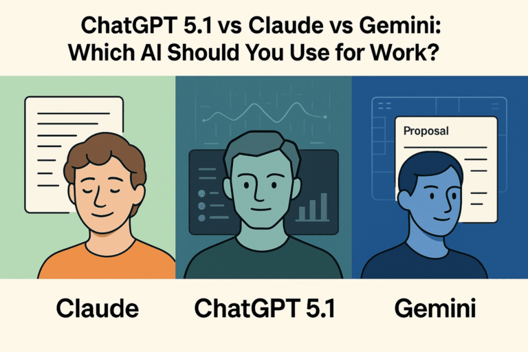Illustration of three AI avatars representing Claude, ChatGPT 5.1, and Gemini, each shown with a unique interface element—document for Claude, data panel for ChatGPT, and proposal template for Gemini—against a gradient background, labeled for comparison.