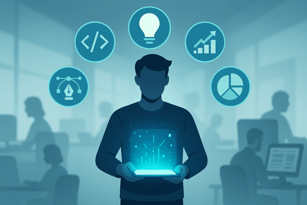 AI generalist holding a glowing tablet surrounded by icons representing multiple skills like coding, design, analytics, and strategy.