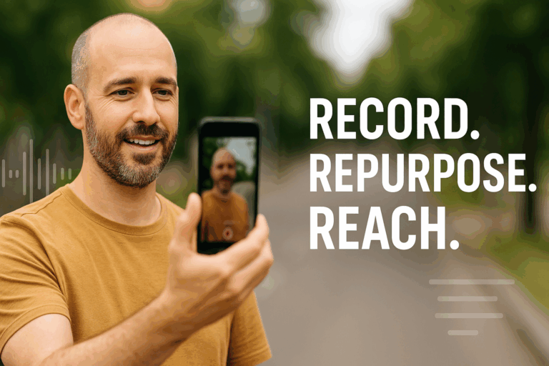Businessman recording himself with a smartphone outdoors, smiling at the camera, with the words “RECORD. REPURPOSE. REACH.” displayed beside him.