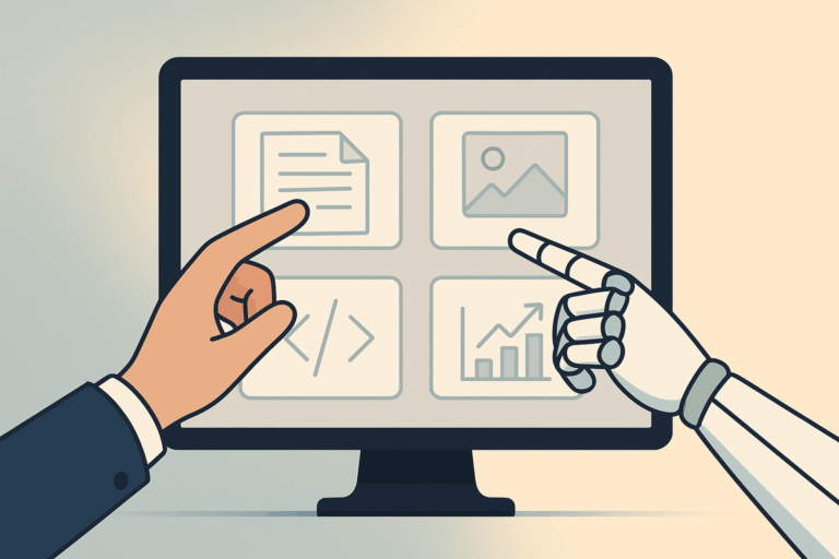 A human hand and a robotic hand pointing at different icons on a computer screen, representing collaboration between humans and AI in white-collar tasks.