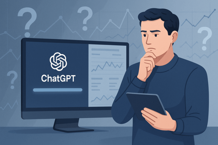 Marketer analyzing ChatGPT and analytics data on a computer screen with question marks and graphs in the background