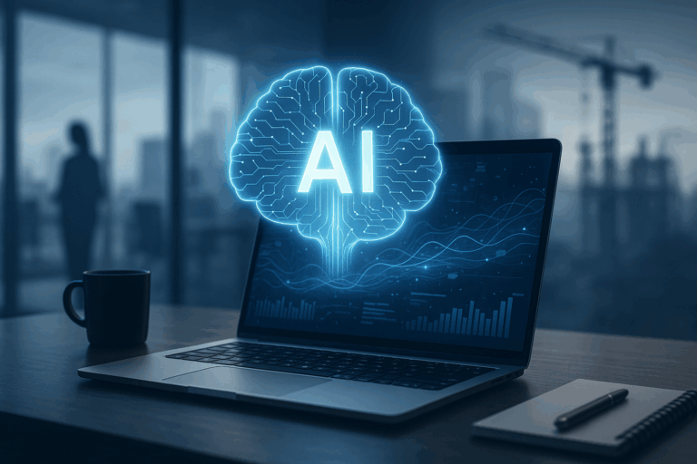 AI hologram above laptop in modern office with construction site in background