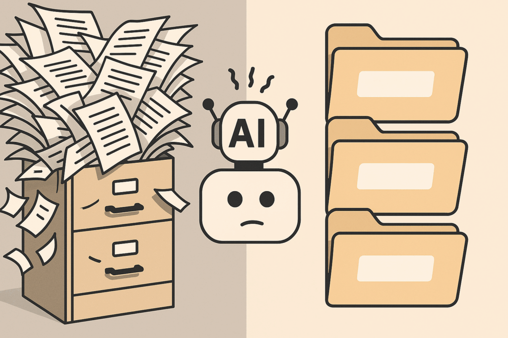 Illustration of an AI robot looking confused between a chaotic filing cabinet overflowing with papers and an organized stack of labeled digital folders.