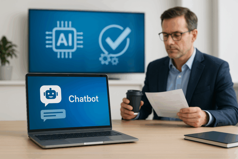 A professional man in a suit reviewing a document while sitting at a modern office desk, with a laptop displaying a chatbot interface and a digital AI icon on a screen in the background.