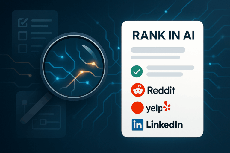 Magnifying glass over neural network with outdated SEO icons fading, and a modern AI ranking list featuring Reddit, Yelp, and LinkedIn