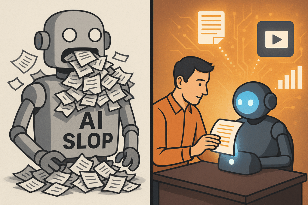 Split-screen image of a robot labeled "AI SLOP" producing crumpled papers, contrasted with a human and a sleek AI assistant generating clean, high-quality content.