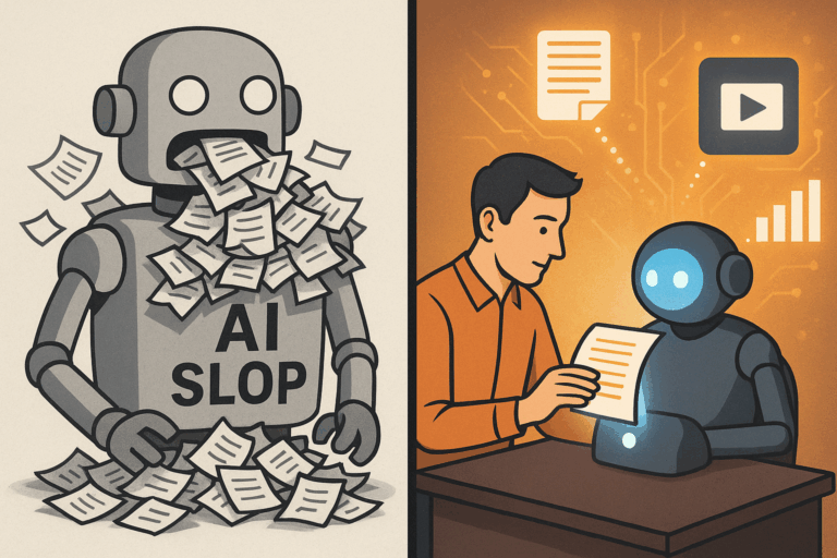 Split-screen image of a robot labeled "AI SLOP" producing crumpled papers, contrasted with a human and a sleek AI assistant generating clean, high-quality content.