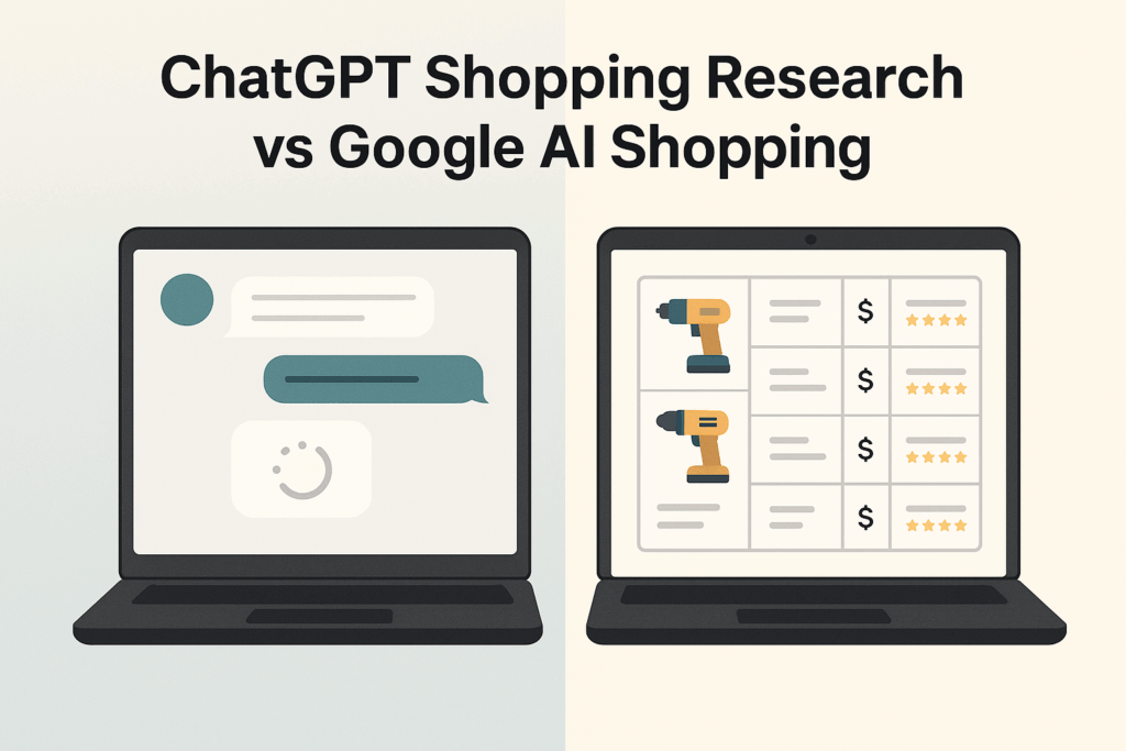 Split-screen image showing ChatGPT’s chat-based shopping research on the left and Google AI’s product comparison table on the right.