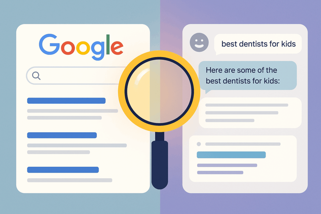 Split-screen image showing Google search results on the left and a ChatGPT conversation on the right, with a magnifying glass in the center symbolizing modern search evolution.