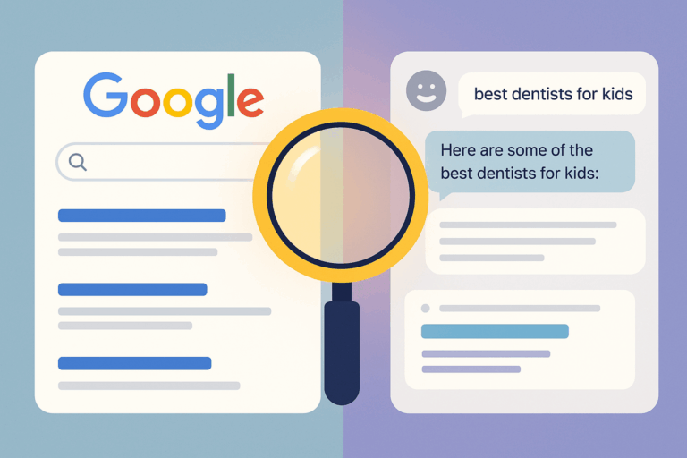 Split-screen image showing Google search results on the left and a ChatGPT conversation on the right, with a magnifying glass in the center symbolizing modern search evolution.