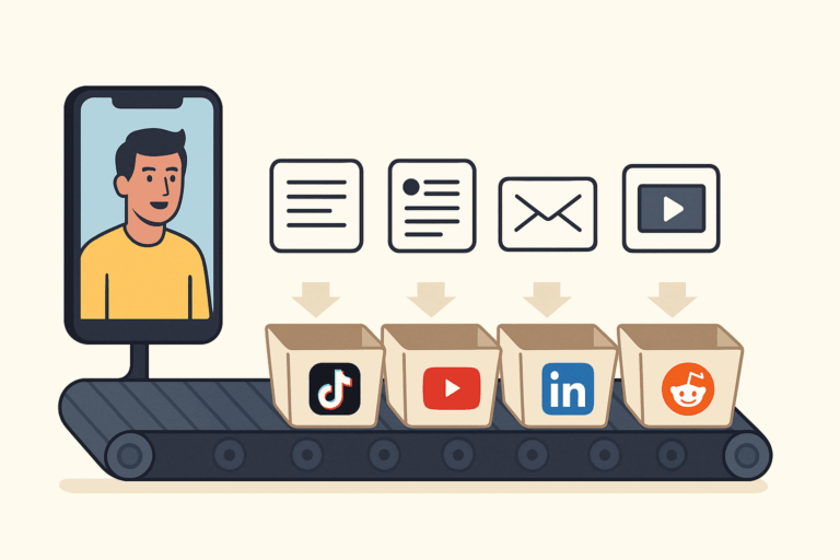 Illustration of a smartphone video being transformed into blog posts, emails, and social media content on a conveyor belt, distributed to platforms like TikTok, YouTube, LinkedIn, and Reddit.