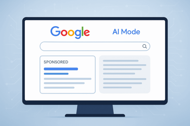 Illustration of a computer screen displaying Google’s AI Mode search results with a clearly labeled sponsored ad and AI-generated response.