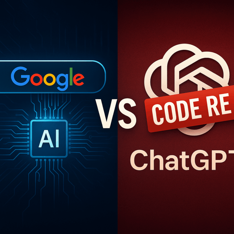 Split-screen image showing Google AI on the left and ChatGPT with a "Code Red" alert on the right