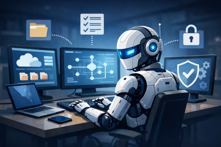 Illustration of a humanoid AI assistant at a desk with three computer monitors and floating icons for a folder, checklist, and padlock on a blue background.