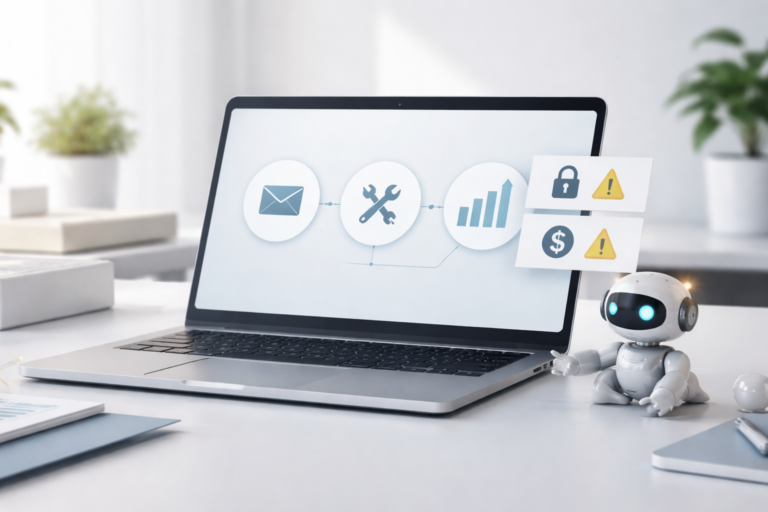 Laptop showing a dashboard with email, automation, and analytics icons, with security and cost warning symbols beside a small robot on a clean desk.