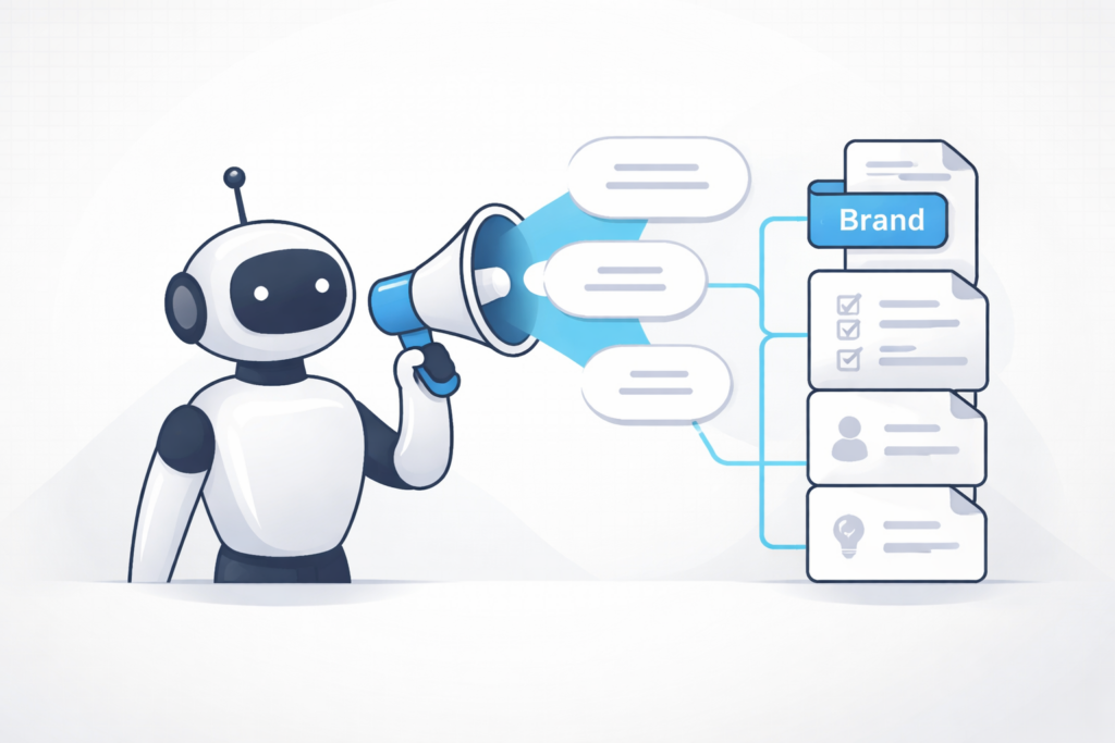 Illustration of a friendly robot holding a megaphone, with speech bubbles flowing into a stack of organized documents labeled “Brand.”