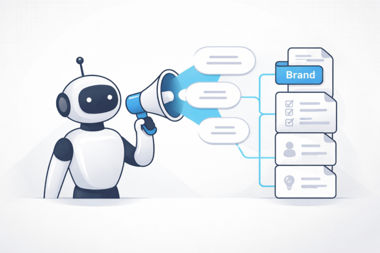 Illustration of a friendly robot holding a megaphone, with speech bubbles flowing into a stack of organized documents labeled “Brand.”