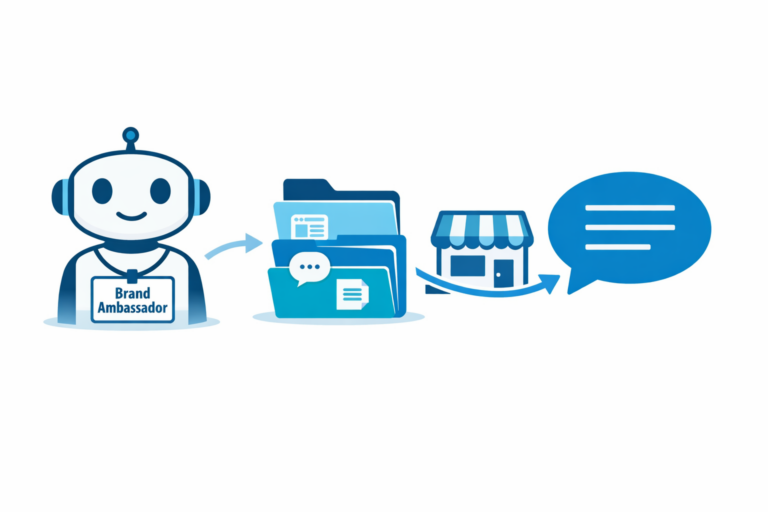 Flat vector illustration of a friendly robot wearing a “Brand Ambassador” badge, connected to a stack of folders and a small storefront icon leading into a speech bubble.