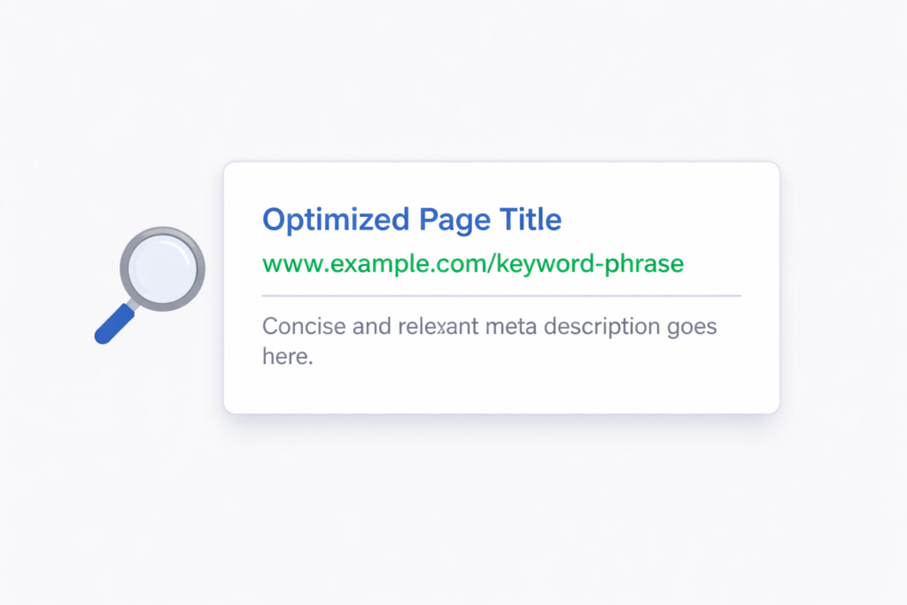 Minimal search result snippet card with a magnifying glass, showing a blue page title, green URL, and gray meta description.