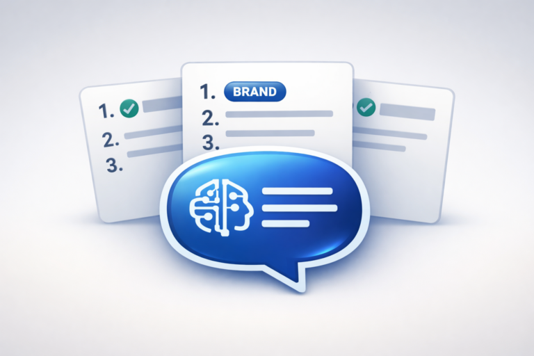 AI chat bubble in front of three list-style source cards with checkmarks and a highlighted brand tag on the top item.